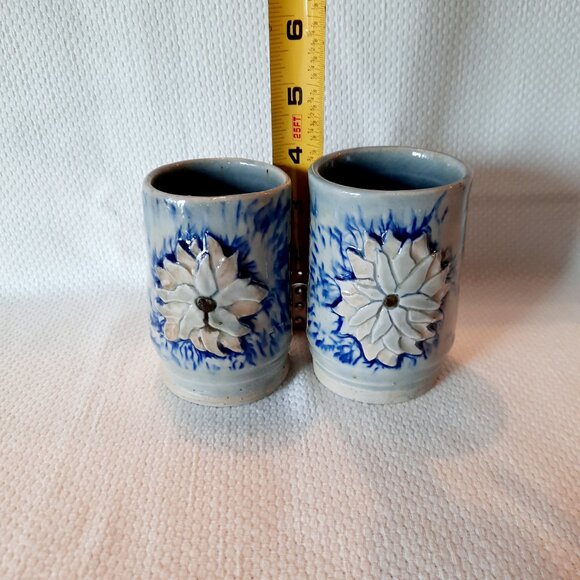 Set of 2 Small Hand Thrown Pottery Cups or Vases, Blue with Dahlia Design - Picture 5 of 5